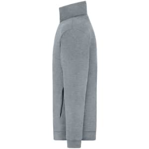 A grey track jacket featuring a high collar and side pockets, with a logo on the fabric.