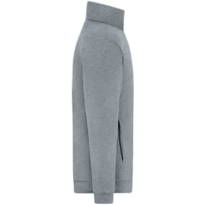 A grey track jacket viewed from the side, featuring a high collar and a smooth finish. It includes a logo.