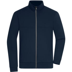 A navy men's track jacket features a zip front and a high collar, with a simple design and elastic cuffs.