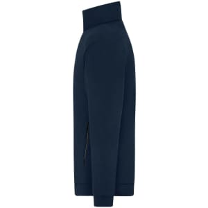 A navy men’s track jacket featuring a high collar and a side zip pocket. It has a fitted design and a minimalist style.