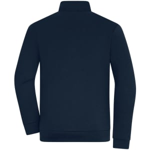 A navy men's track jacket featuring a high collar and long sleeves, with a logo on the back.