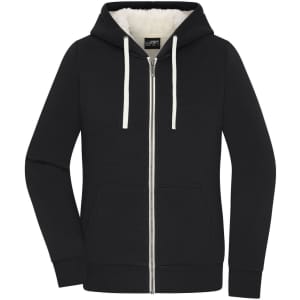 A black zip-up jacket with a hood, featuring a soft inner lining and front pockets. It has a logo on the label.