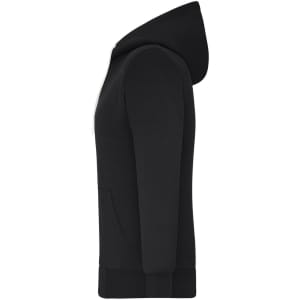 A black ladies doubleface jacket featuring a hood and side pocket, with a branding logo present.