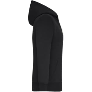 A black ladies' doubleface jacket with a hood and front pockets, featuring a logo.