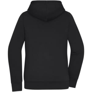 A black ladies' doubleface jacket with a hood, showing the back view and long sleeves. Features a logo.