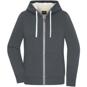 A ladies' doubleface jacket in grey with a zip front, hood, and fleece lining, featuring a logo on the label.