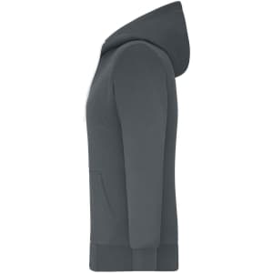 A grey ladies doubleface jacket with a hood, featuring a side view and a kangaroo pocket. It has a logo.
