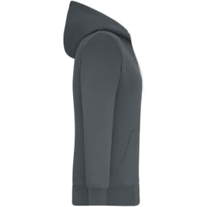 A ladies doubleface jacket in grey with a hood and side pockets, featuring a logo on the front.