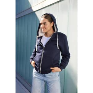 A navy ladies doubleface jacket with a hood and front pockets, featuring a soft lining.