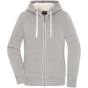 A ladies' doubleface jacket in light grey with a hood, featuring a zip closure and front pockets. It has a logo on the label.