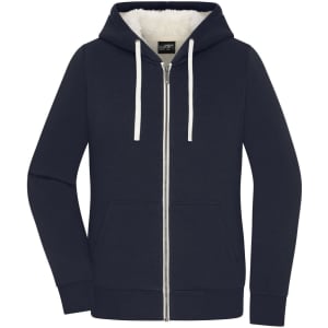 A navy double-faced jacket featuring a zip front, kangaroo pockets, and a hood with white drawstrings.