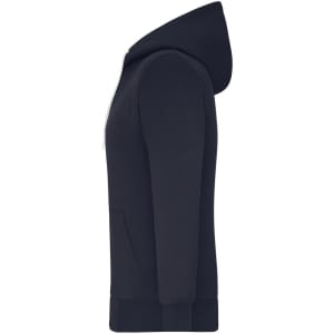 A navy blue ladies doubleface jacket with a hood, featuring a side view and a kangaroo pocket. It has a logo present.