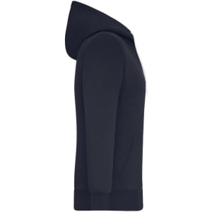A navy ladies doubleface jacket featuring a hood, front zip, and pockets, with a simple design and branding.