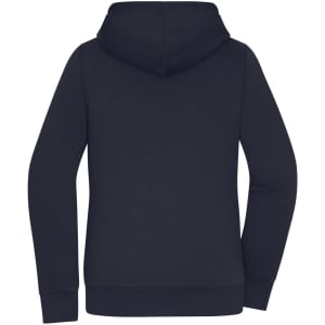 A navy ladies doubleface jacket with a hood, featuring long sleeves and a simple design. It has a logo on the back.