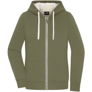 A ladies doubleface jacket in olive green with a zip front, hood, and front pockets, featuring a logo.