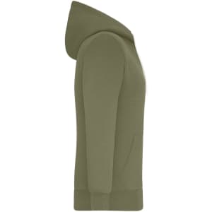 A ladies doubleface jacket in olive green, featuring a hood and side pockets, with a logo on the front.