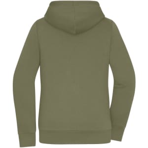 A hooded jacket in olive green, featuring a smooth back design and long sleeves. It includes a brand logo.