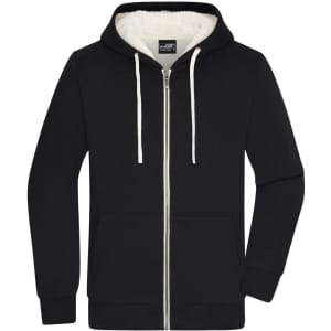 A black men's doubleface jacket with a front zip and a hood, featuring a soft lining and front pockets.