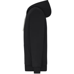 A black men's doubleface jacket with a hood and front pocket, featuring a logo.