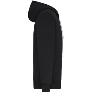 A men's double-face jacket in black, featuring a hood and a side view that highlights its sleek design.
