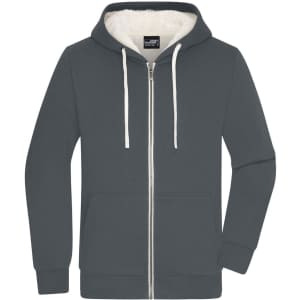 A grey men's doubleface jacket with a zip front and a hoodie, featuring a fleece lining and front pockets.