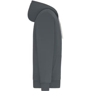 A grey men's doubleface jacket with a hood and front pocket, featuring a logo on the chest.