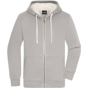 A grey double-faced jacket with a zip-up front and a hood, featuring a soft inner lining and pockets.