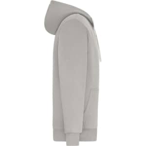 A grey men's double-face jacket featuring a hood and a front pocket, with a branding logo.