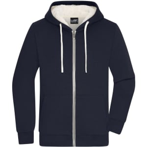 A navy blue men's zip-up jacket featuring a hood and a plush interior lining. It has a logo on the chest.
