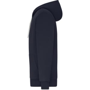 A navy blue men's double-face jacket with a hood, featuring a front pocket and contrasting drawstrings.