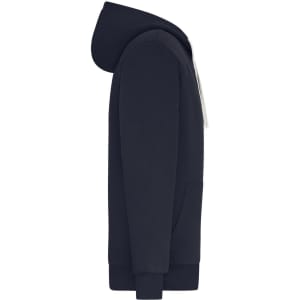 A navy blue men's doubleface jacket with a hood and side pockets, featuring a logo.