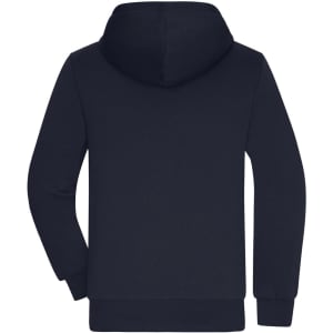 A men's navy doubleface jacket with a hood, featuring long sleeves and a clean back design.
