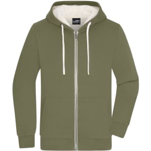 An olive green men's double-faced jacket with a hood, featuring a zip front and white drawstrings. It has a soft interior.