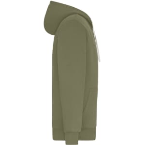 A green men's doubleface jacket with a hood and a front pocket, featuring a logo on the sleeve.