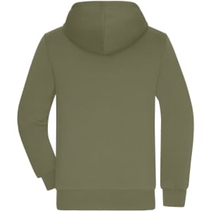 A men's double-faced jacket in olive green with a hood and long sleeves, featuring a plain back design.