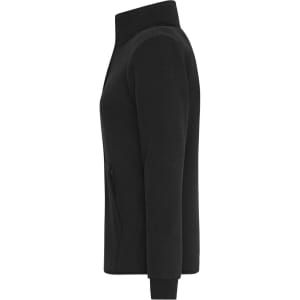 A black ladies' bonded fleece jacket with a high collar and zip pockets, featuring a logo on the side.