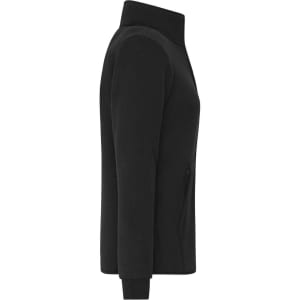A black bonded fleece jacket with a high collar and side pockets, featuring a logo.