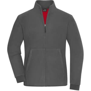 A grey bonded fleece jacket with a red interior and front pockets. It features a zip closure and a collar.