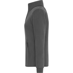 A grey polar fleece jacket with a high collar and zippered pockets, featuring a logo on the chest.