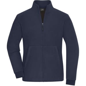 A navy blue bonded fleece jacket with a zip front and two side pockets, featuring a logo.