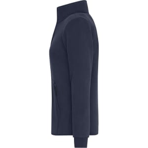 A navy ladies bonded fleece jacket featuring a zippered pocket and a high collar. It has a logo on the front.