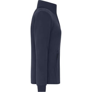 A navy ladies bonded fleece jacket with a zip pocket and high collar, featuring a logo.