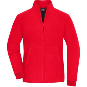 A red bonded fleece jacket with a full zip, featuring front pockets and a stand-up collar. It has a logo.
