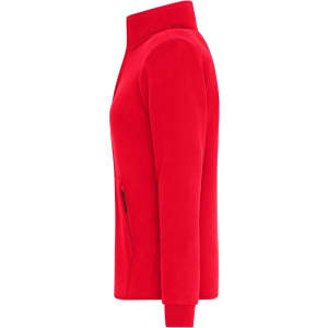 A red ladies' bonded fleece jacket with a zip pocket and a high collar. It features a logo on the front.