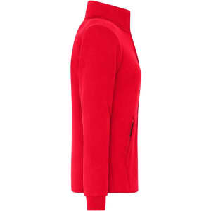 A red ladies bonded fleece jacket with a high collar and zippered pockets, displayed in profile view.