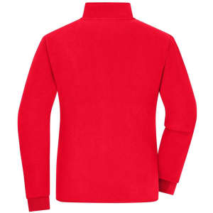 A red bonded fleece jacket with a high collar and long sleeves, featuring a logo on the back.