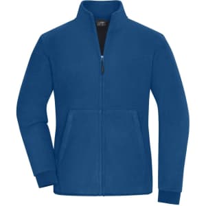 A blue bonded fleece jacket with a zip front and two front pockets, featuring a collar and ribbed cuffs.