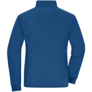 A blue ladies bonded fleece jacket with a high collar and long sleeves, featuring a logo on the back.