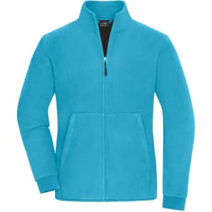 A turquoise bonded fleece jacket with a zip closure and two front pockets. It features a collar and has a logo.