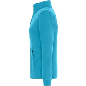 A turquoise ladies bonded fleece jacket featuring a zippered pocket and a high collar.